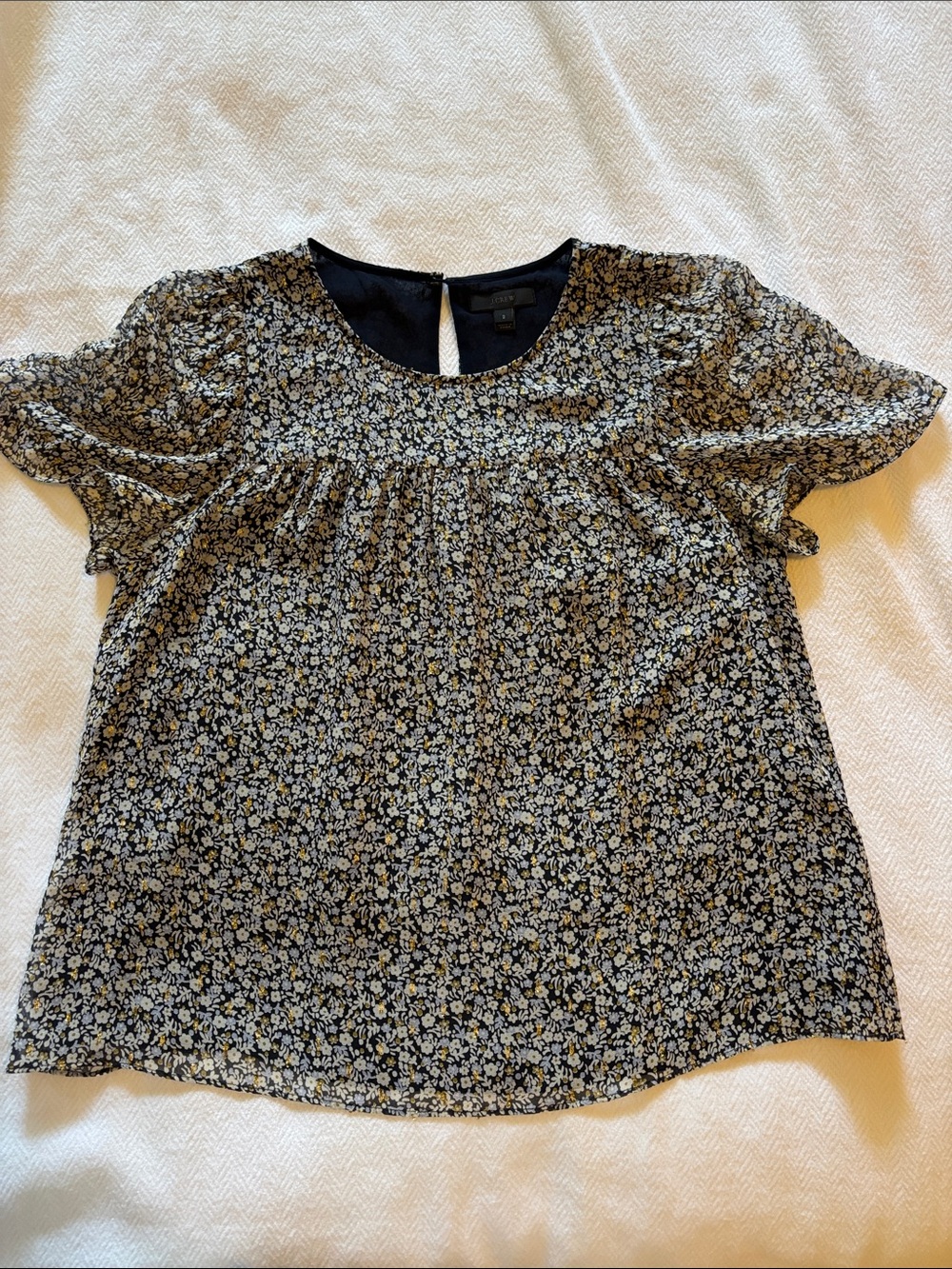 J. Crew Navy Floral Puff Sleeve Blouse